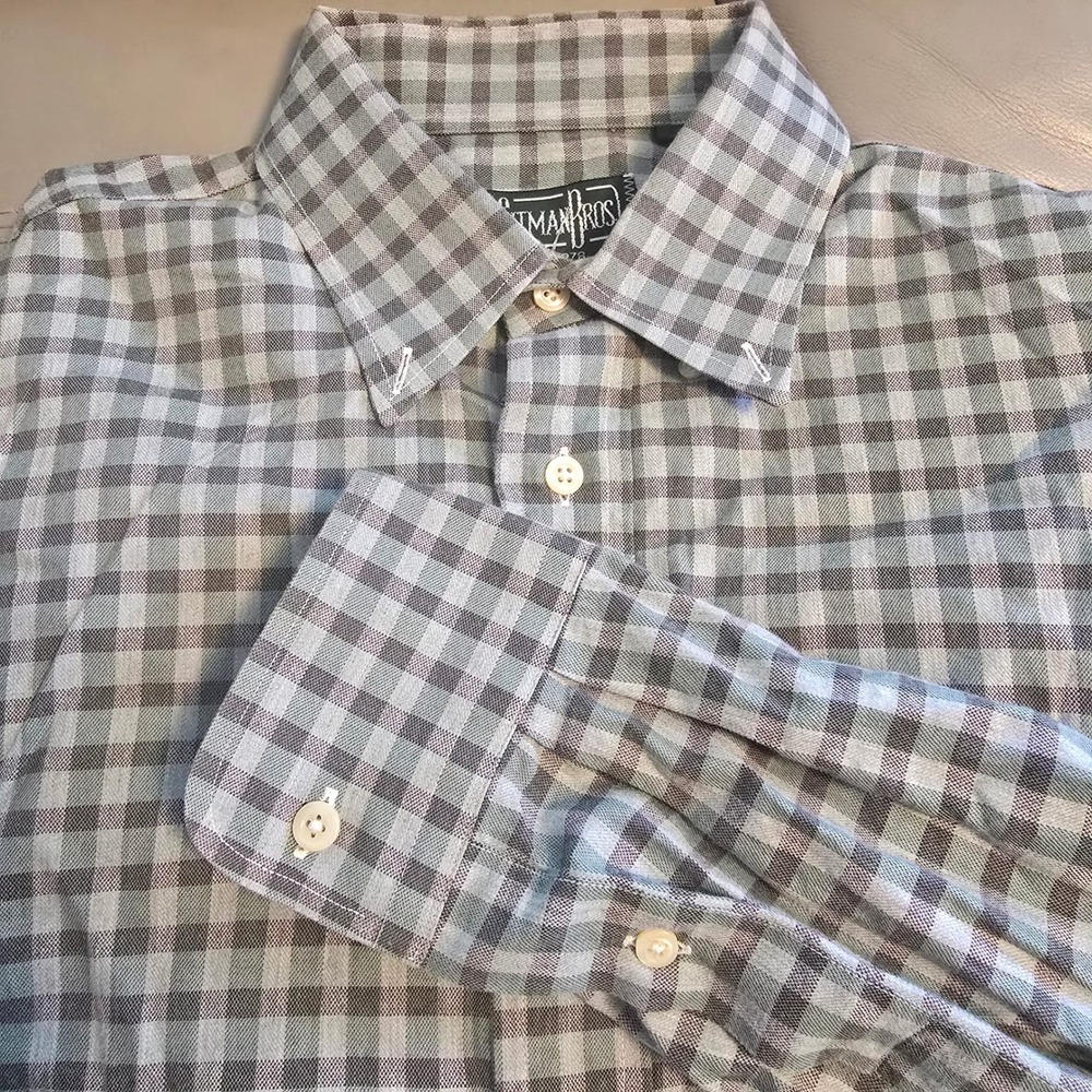 Gitman Bros Mens Large Green Grey Gingham Check Button Down Shirt Made in USA